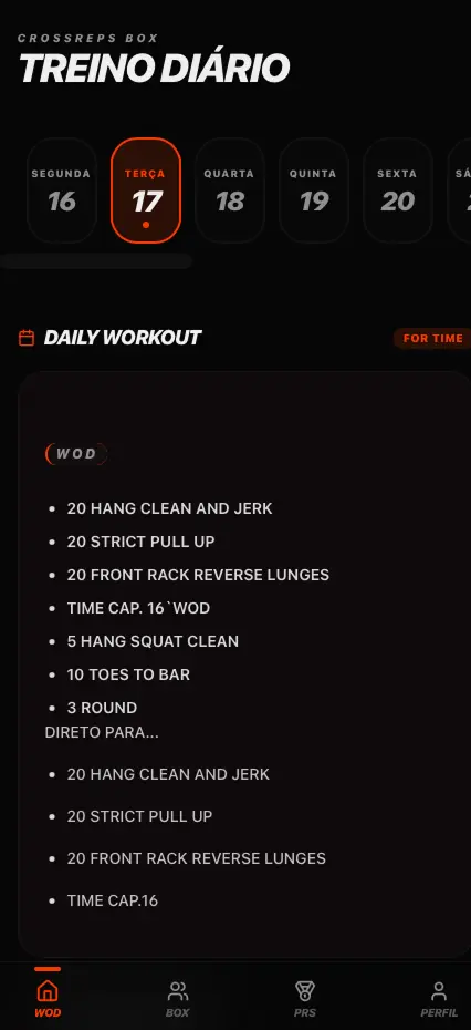Interface do App do Atleta Reps mostrando WOD, Leaderboard e PRs